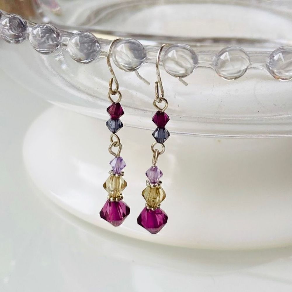 3/$15 Purple Crystal Silver Dangle Earrings